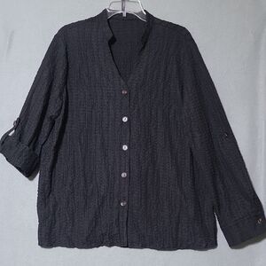 Women's Black Textured Long Sleeve Button Up‎ V-Neck Blouse - Size Large